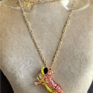 Betsy Johnson Chic Gold Necklace with Red and Yellow Leopard Pendant